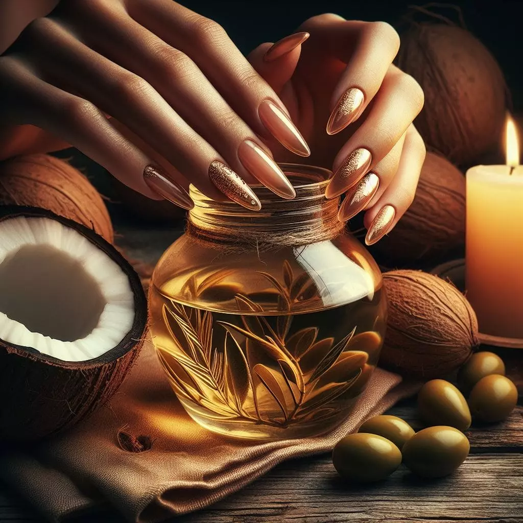 Hands around a jar of oil with coconuts and olives around it
